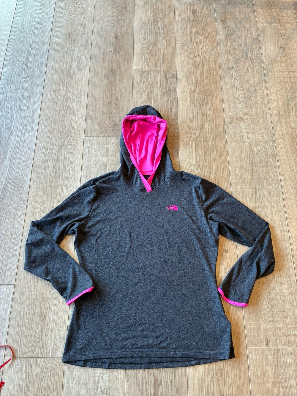 North Face Hooded Pullover lightweight Womens Large Dark Grey pink logo/accents